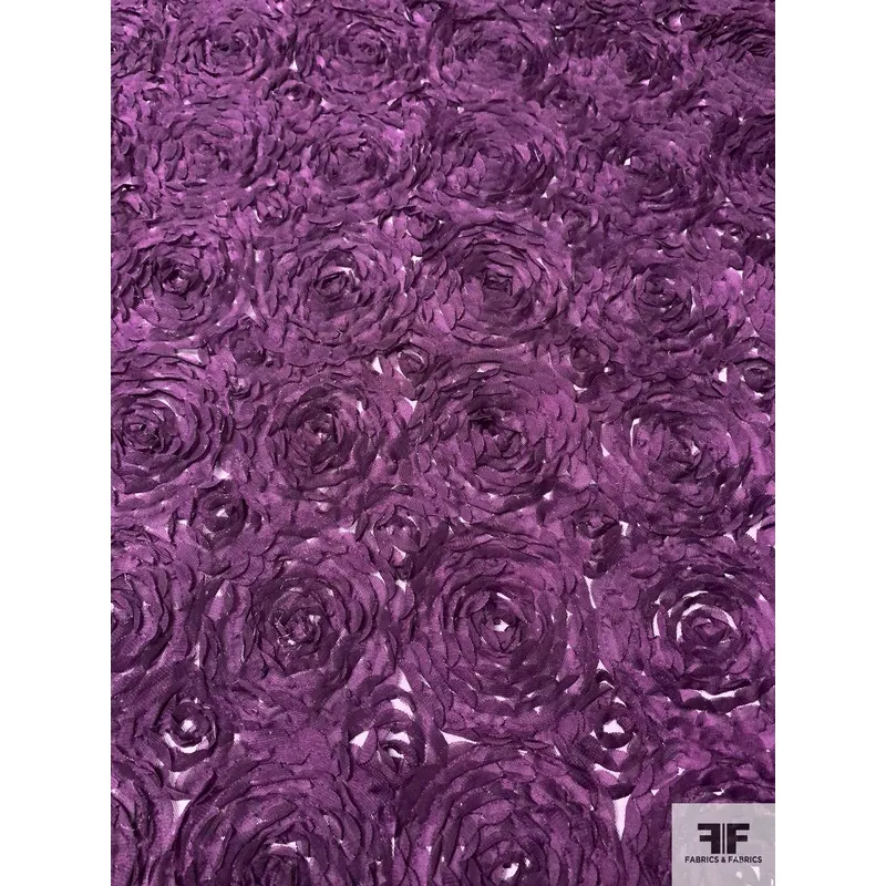 3D Ruffle Work Peonies on Tulle – Eggplant