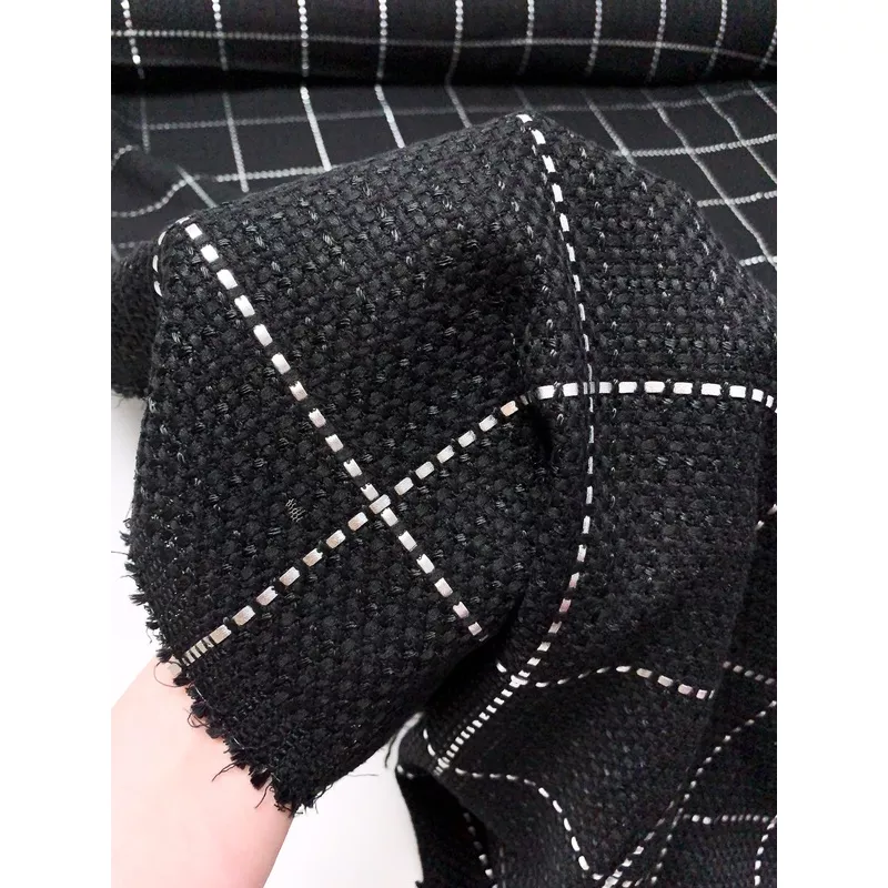 Basketweave Suiting with Vinyl Windowpane Pattern – Black / Metalissed Grey
