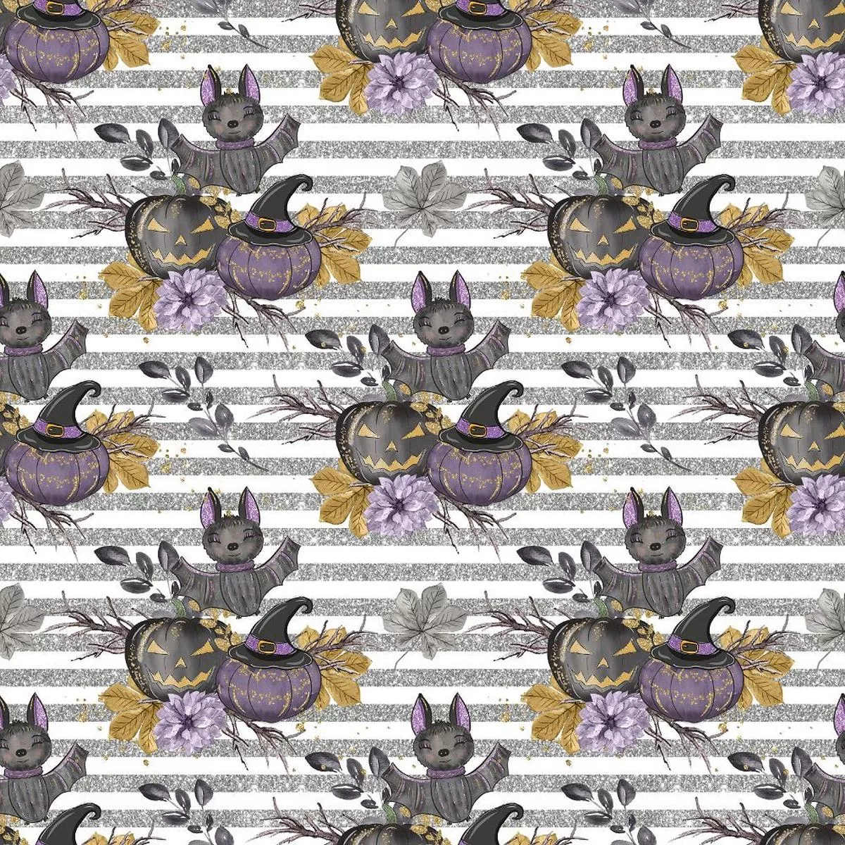 black-pumpkins-bouquet-silver-stripes-fabric-white Black Pumpkins Bouquet Silver Stripes Fabric – White