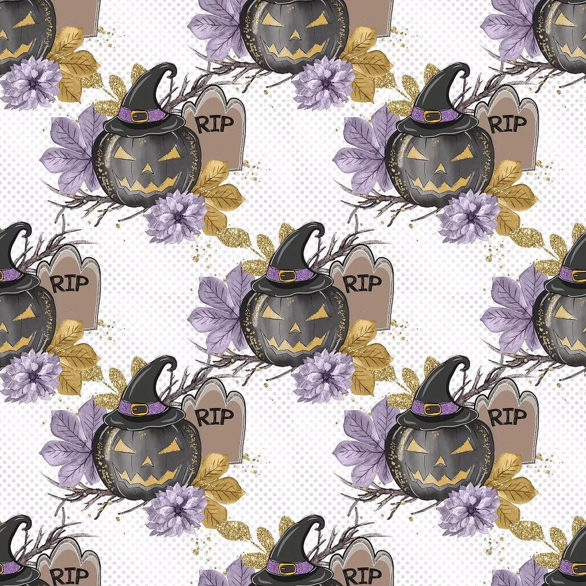 black-pumpkins-on-purple-dots-fabric-white Black Pumpkins on Purple Dots Fabric – White