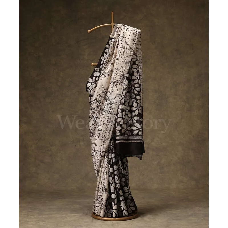 black-white-handloom-pure-mulberry-silk-hand-batik-saree Black And White Handloom Pure Mulberry Silk Hand Batik Saree