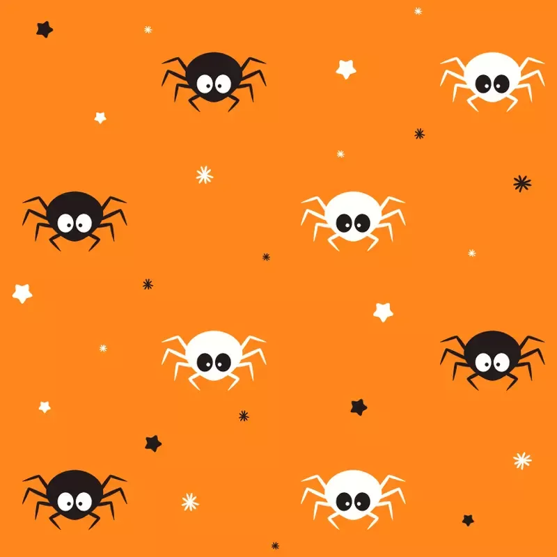 black-white-spiders-allover-fabric-orange Black and White Spiders Allover Fabric – Orange