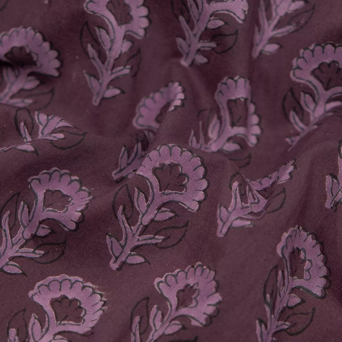 Bloom Block Printed Organic Cotton Batiste – Deep Currant/Lilac