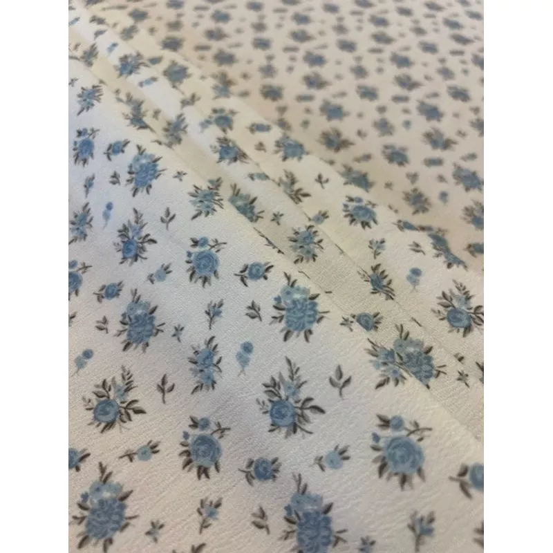 blue-grey-floral-polyester-fabricivory-crinkle-base Blue & Grey Floral Polyester FabricIvory Crinkle Base