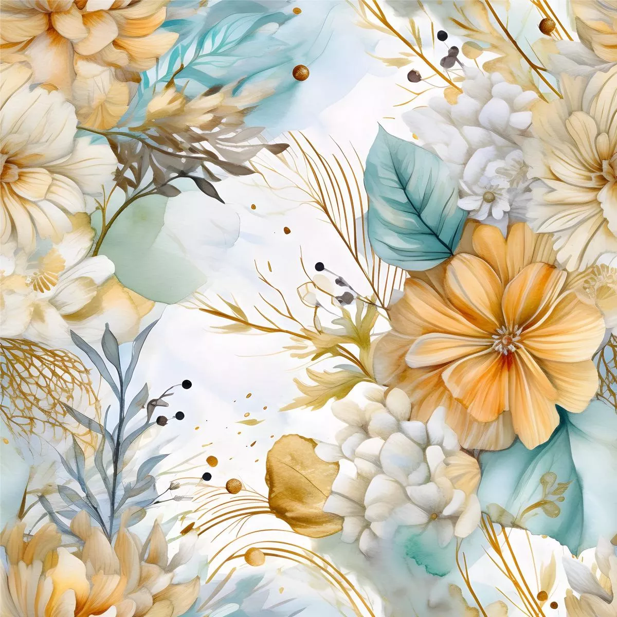 Boho Beach Botanicals Blue Peach Pattern 19 Quilting Cotton Fabric