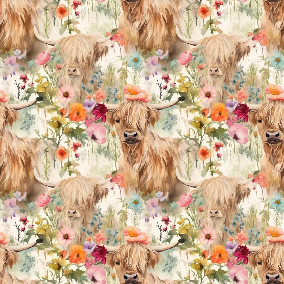 boho-highland-cows-14-fabric Boho Highland Cows #14 Fabric