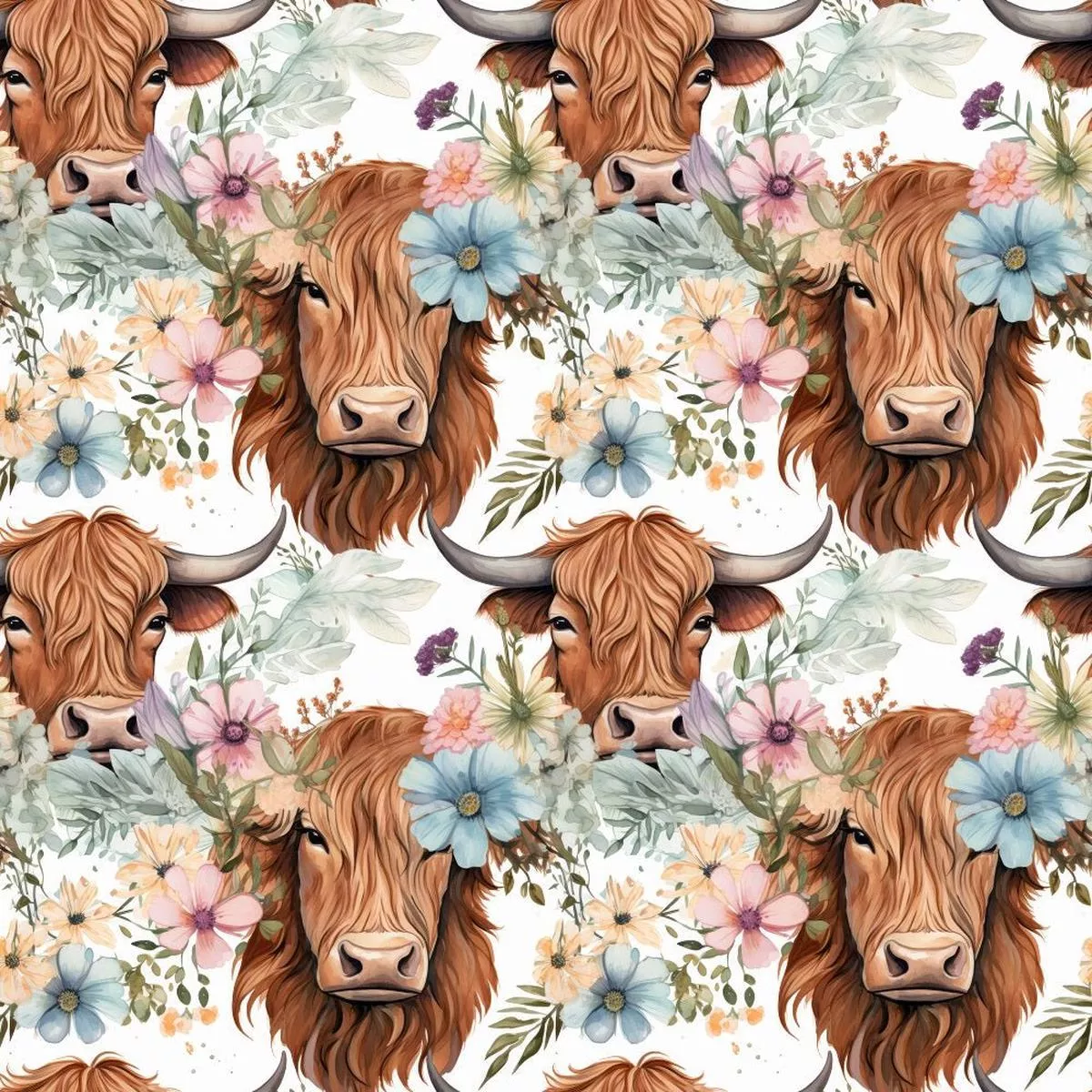 boho-highland-cows-32-fabric Boho Highland Cows #32 Fabric