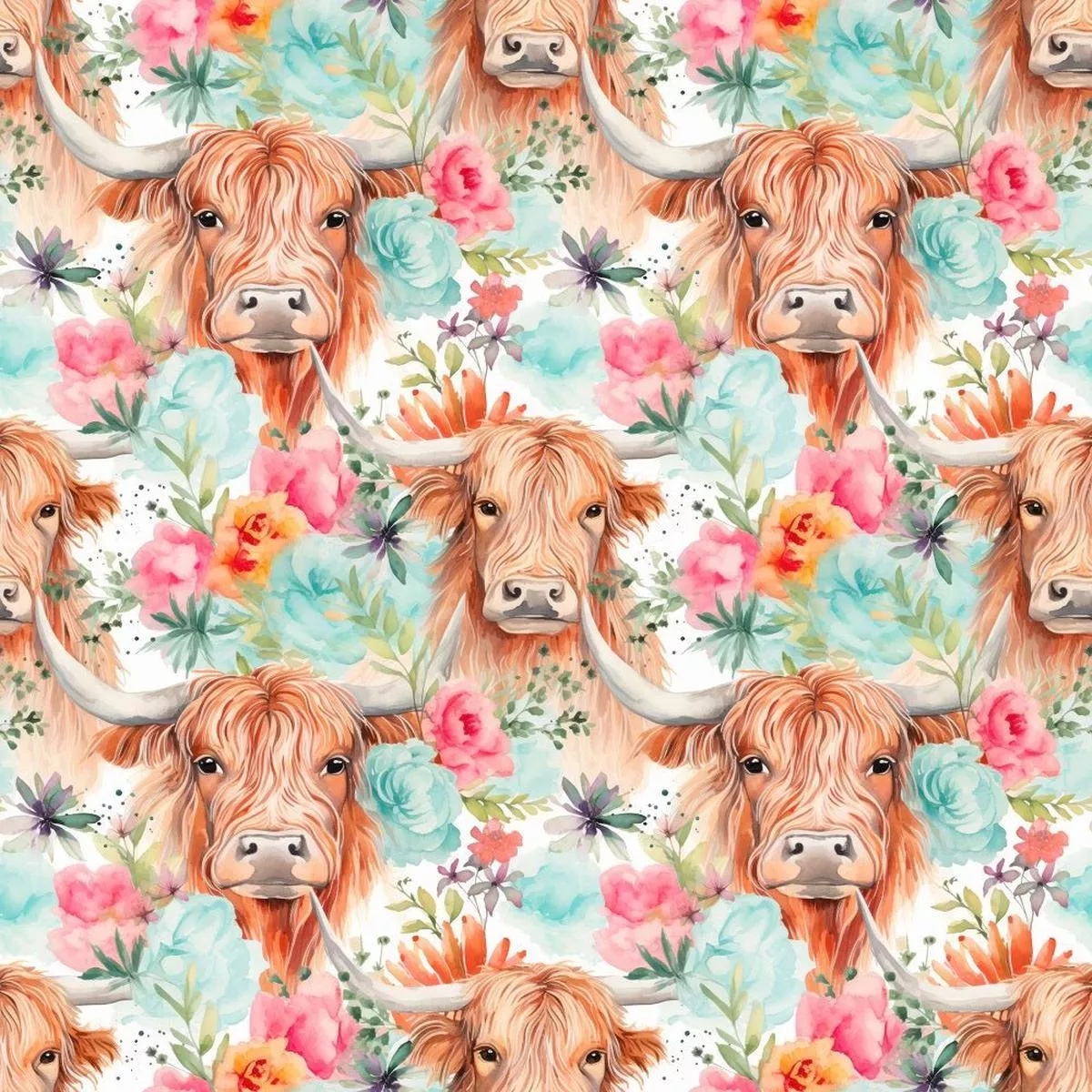 boho-highland-cows-4-fabric Boho Highland Cows #4 Fabric