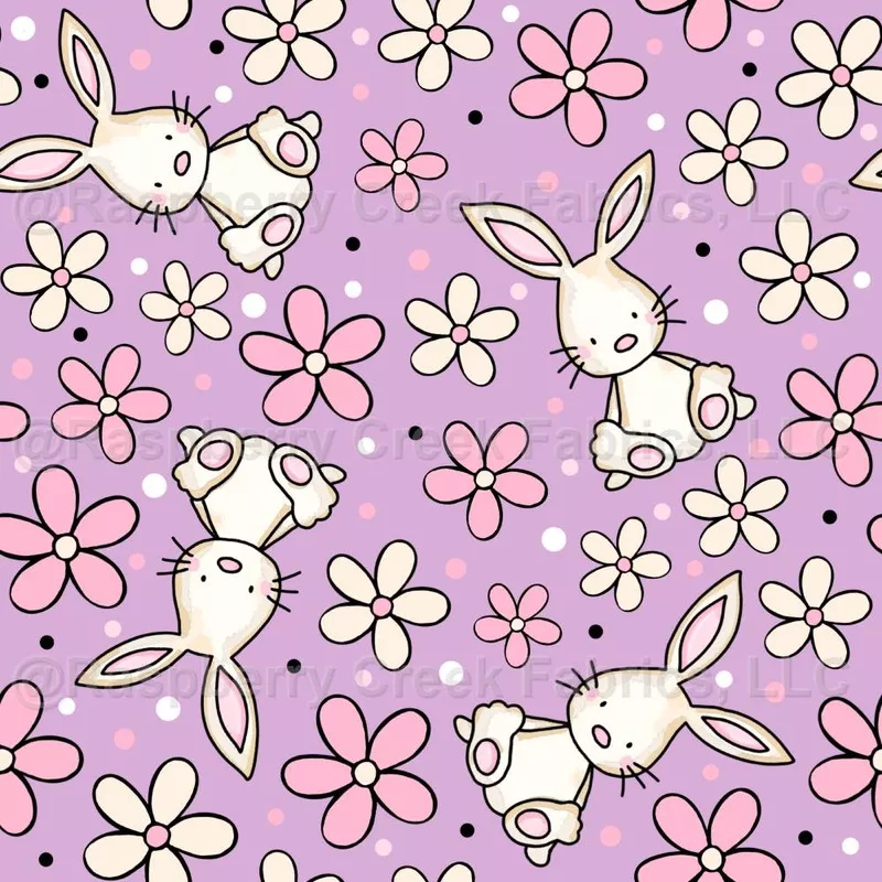 Bunnies and Daisy Flowers Lavender Purple