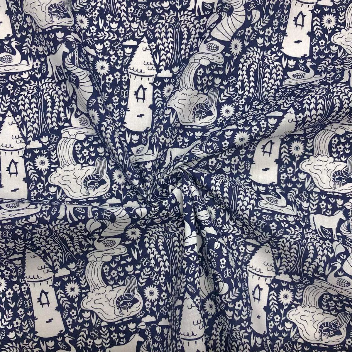 busy-floral-cottage-on-navy-polycotton-fabric Busy Floral Cottage on Navy Polycotton Fabric