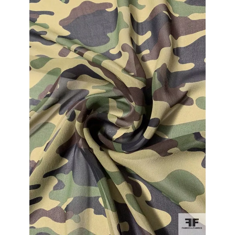 Camouflage Printed Silk Chiffon – Army Green / Black / Brown