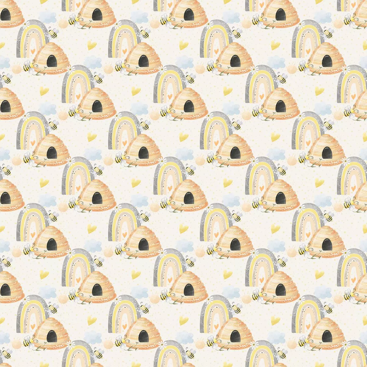 cartoon-bee-hives-on-geometric-dots-fabric-yellow Cartoon Bee Hives on Geometric Dots Fabric – Yellow