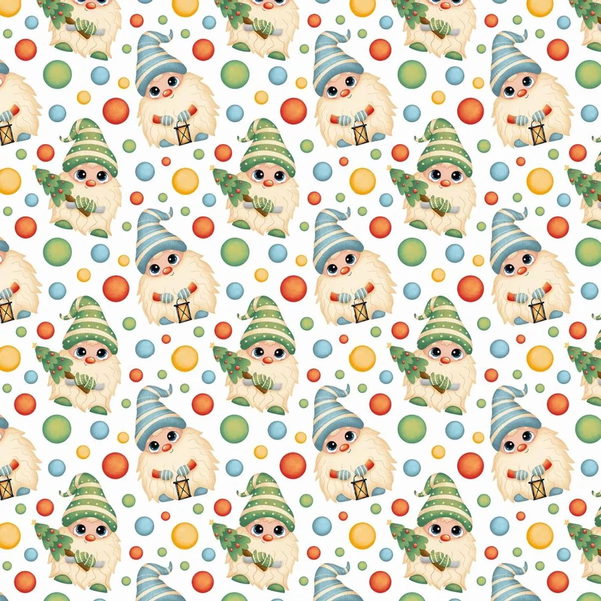Cartoon Christmas Gnomes With Lanterns Trees Fabric – Multi