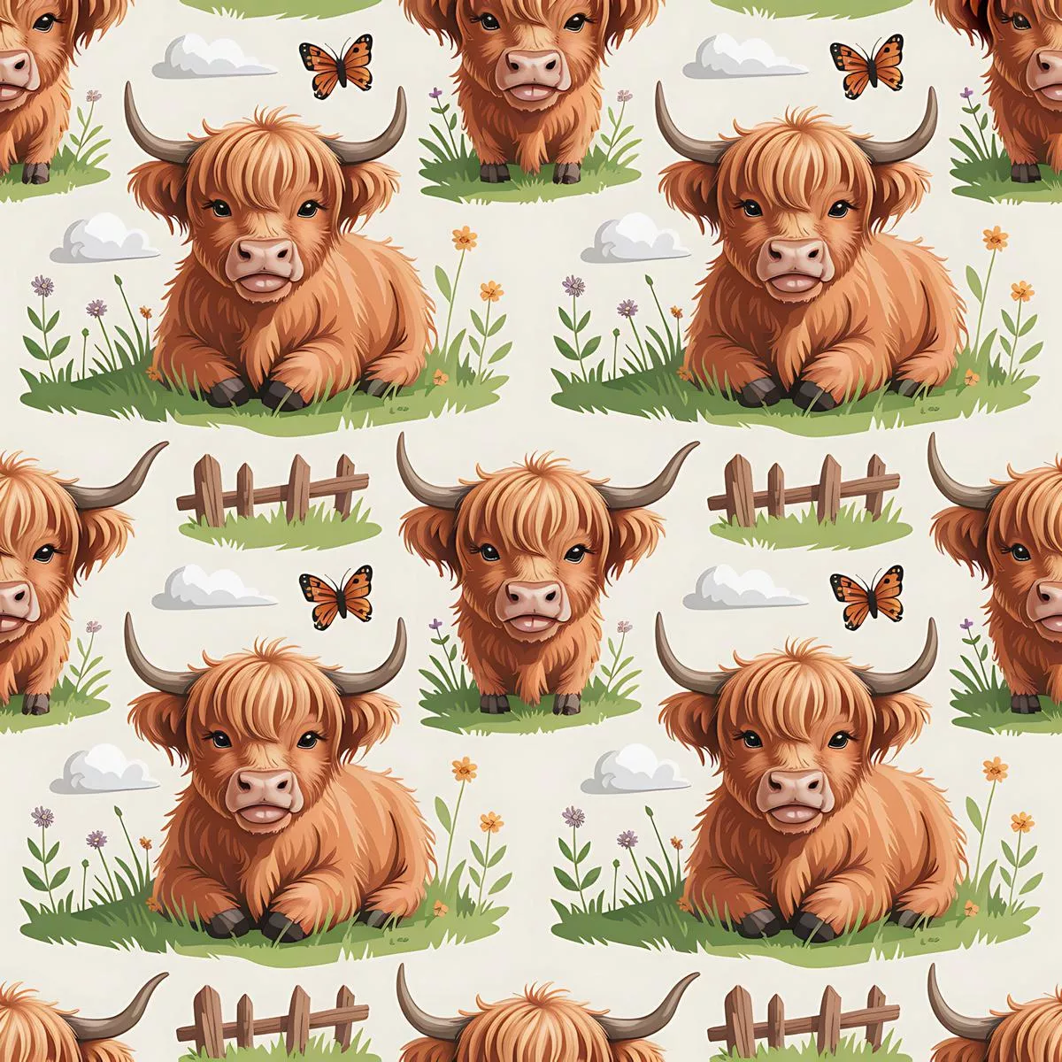 Cartoon Highland Cows Pattern 17 Quilting Cotton Fabric