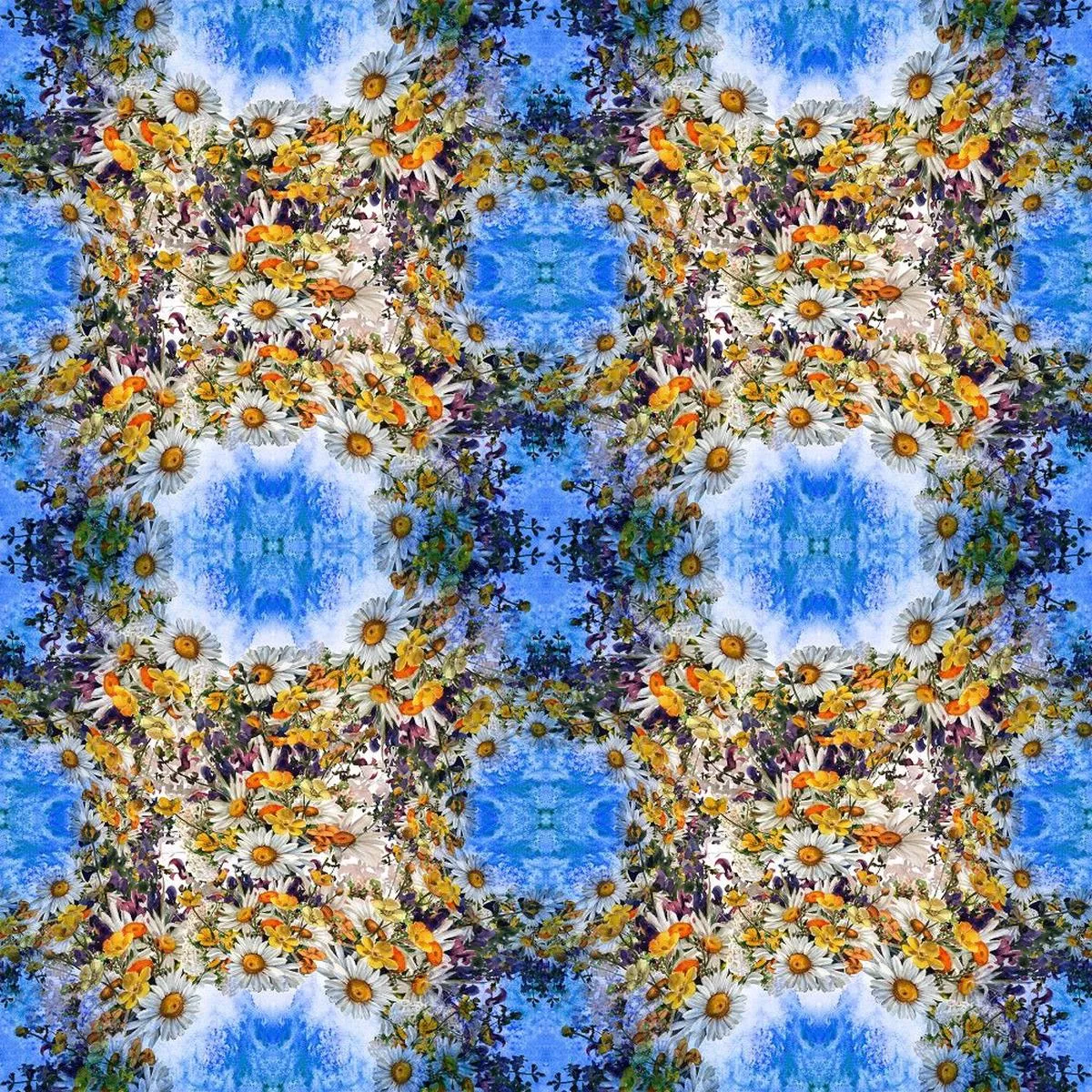 chamomile-flowers-mirrored-bouquets-fabric-blue Chamomile Flowers Mirrored Bouquets Fabric – Blue