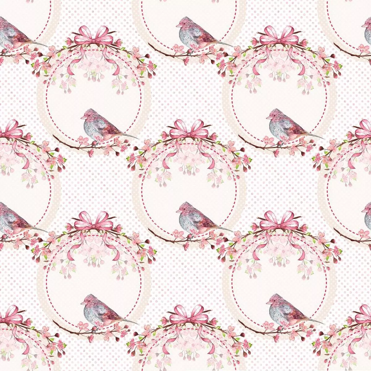 cherry-blossom-bouquet-with-perched-cardinal-dot-fabric Cherry Blossom Bouquet with Perched Cardinal Dot Fabric