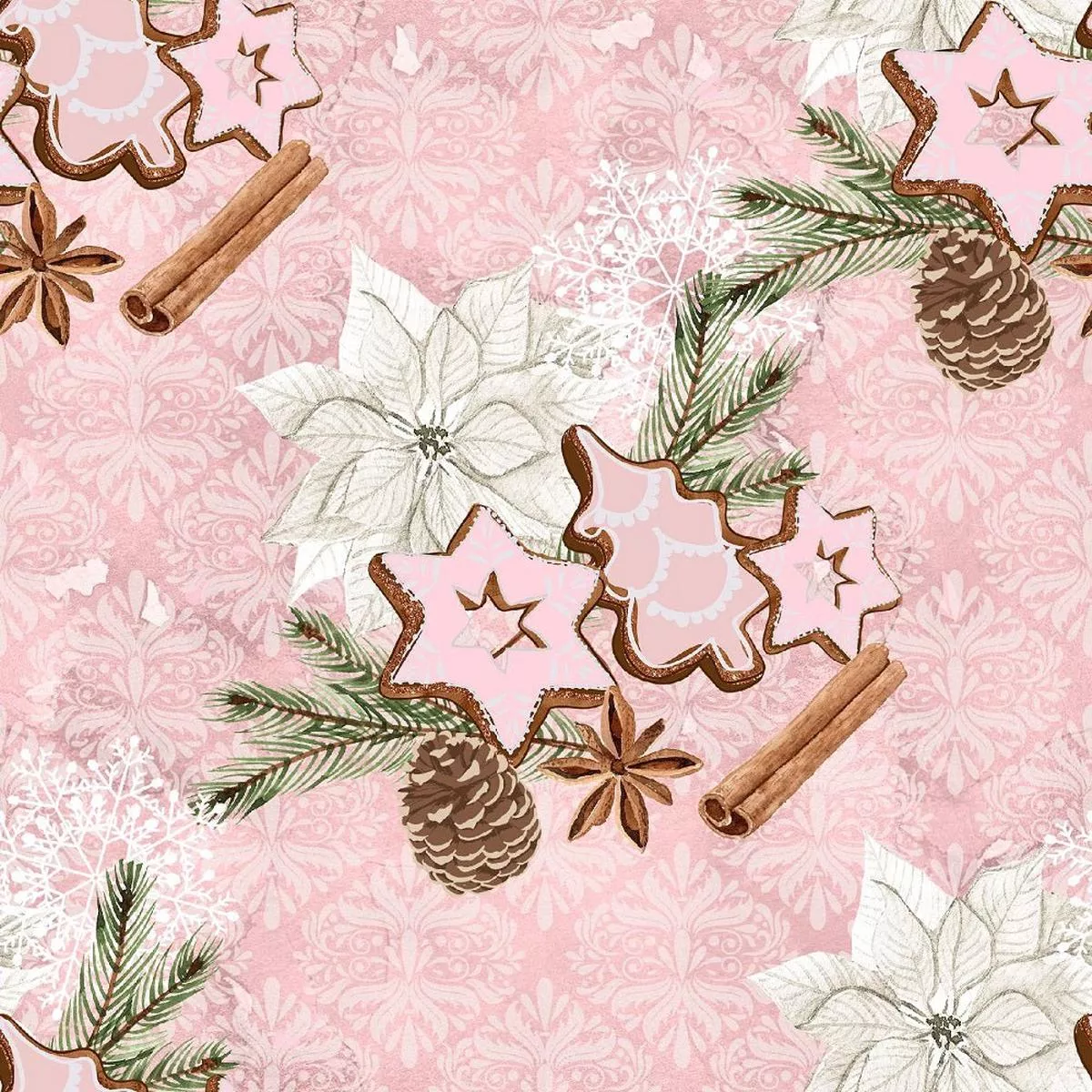 christmas-elements-on-snowflakes-fabric-pink Christmas Elements on Snowflakes Fabric – Pink