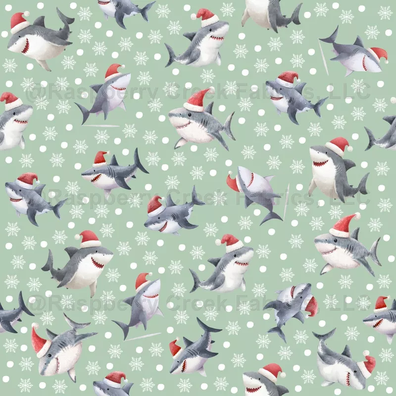 Christmas Sharks & Snowflakes on Light Green