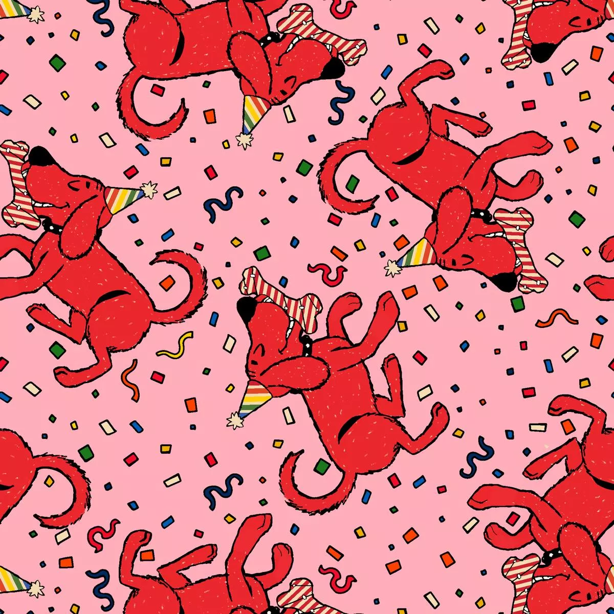 clifford-let-s-pawty-on-pink-fabric Clifford Let’s Pawty on Pink Fabric