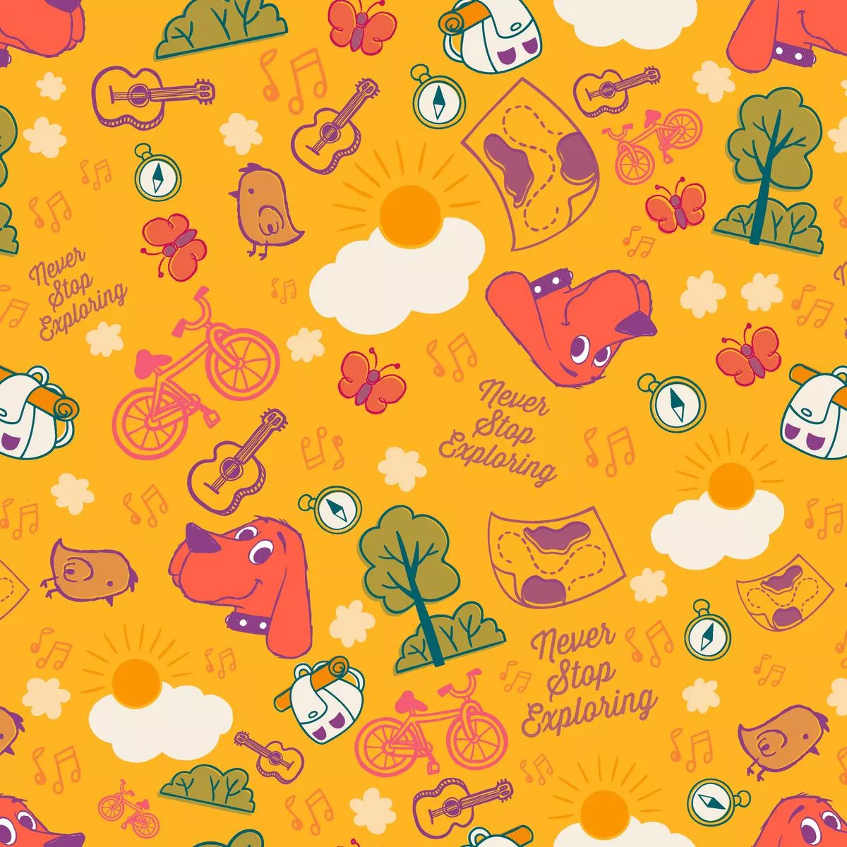 clifford-never-stop-exploring-on-yellow-fabric Clifford Never Stop Exploring on Yellow Fabric