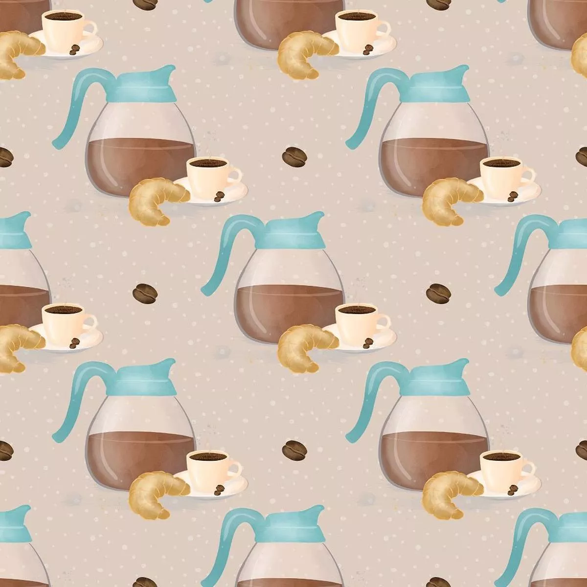 coffee-pots-on-irregular-dots-fabric-tan Coffee Pots on Irregular Dots Fabric – Tan