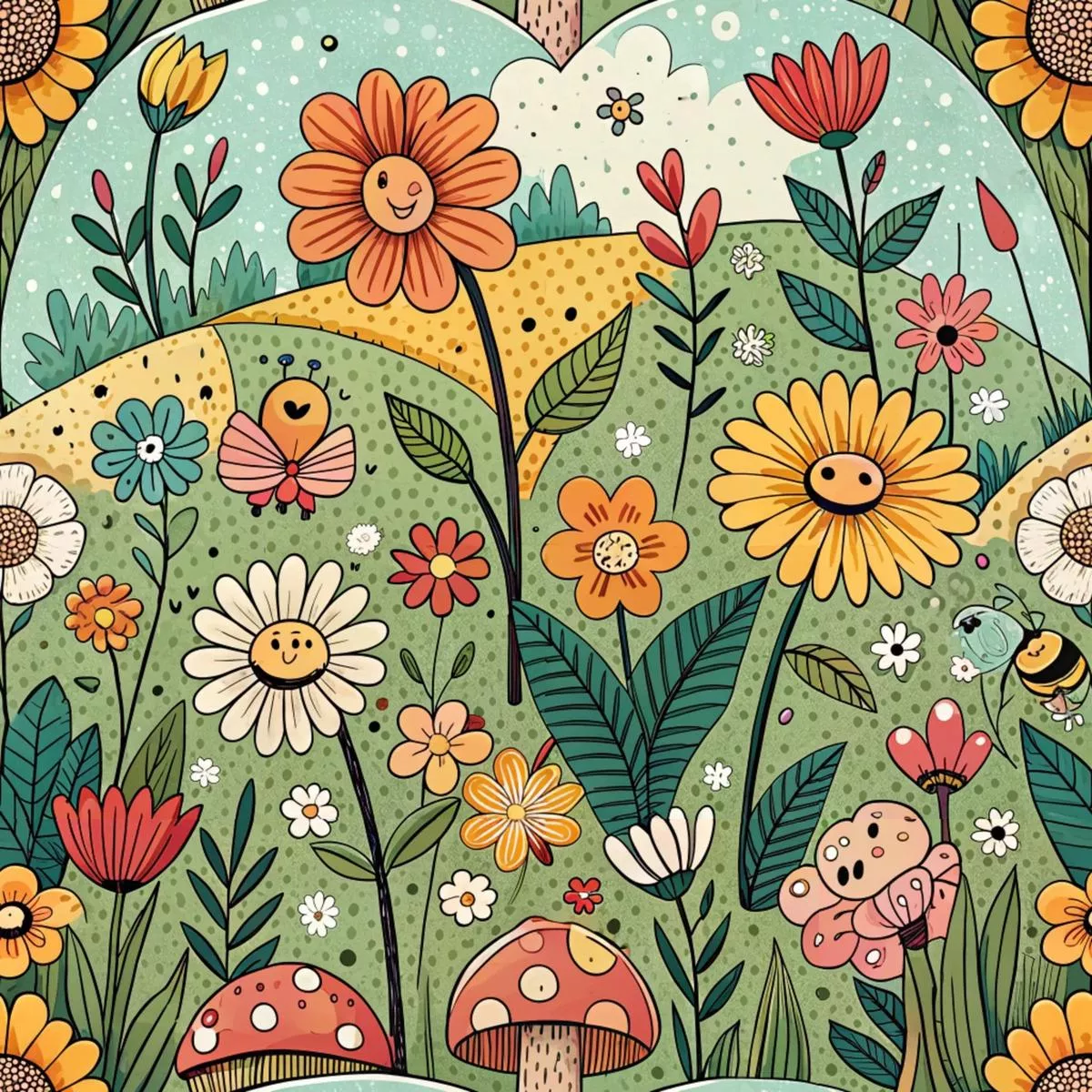 Comic Wildflowers Pattern 8 Quilting Cotton Fabric