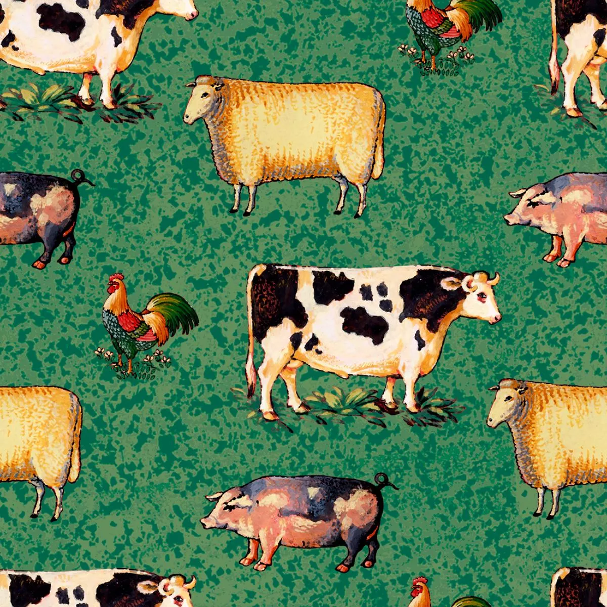 country-farm-animals-on-green-fabric Country Farm Animals on Green Fabric