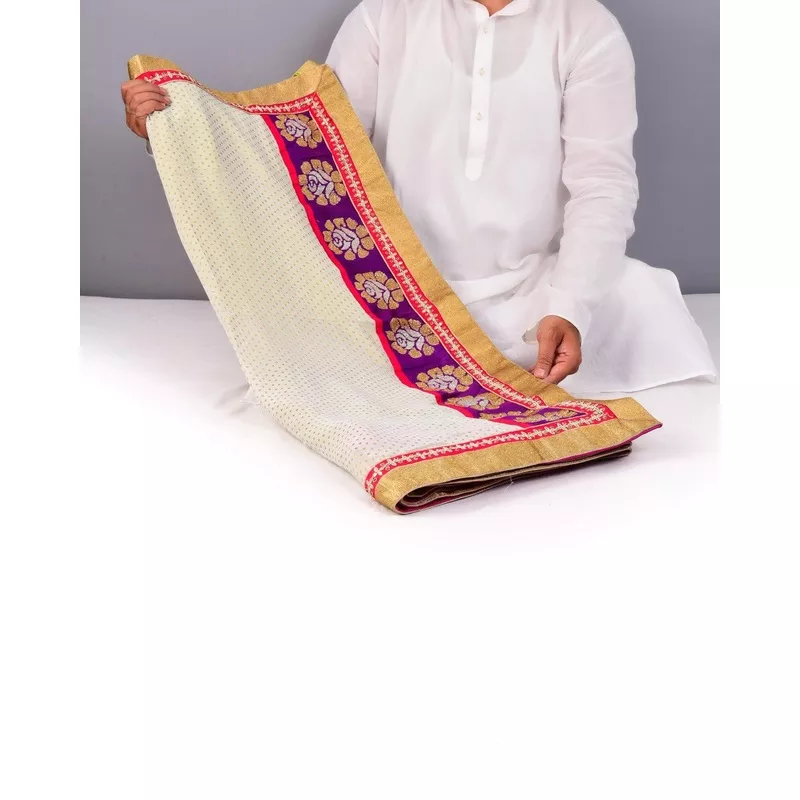 Cream Hand-embroidered Georgette Saree