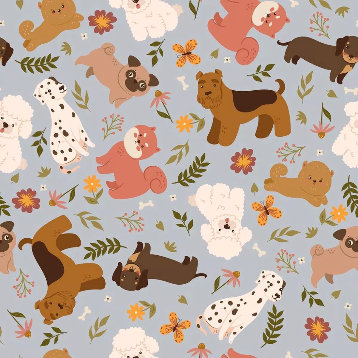 cute-dogs-flowers-fabric-gray Cute Dogs and Flowers Fabric – Gray