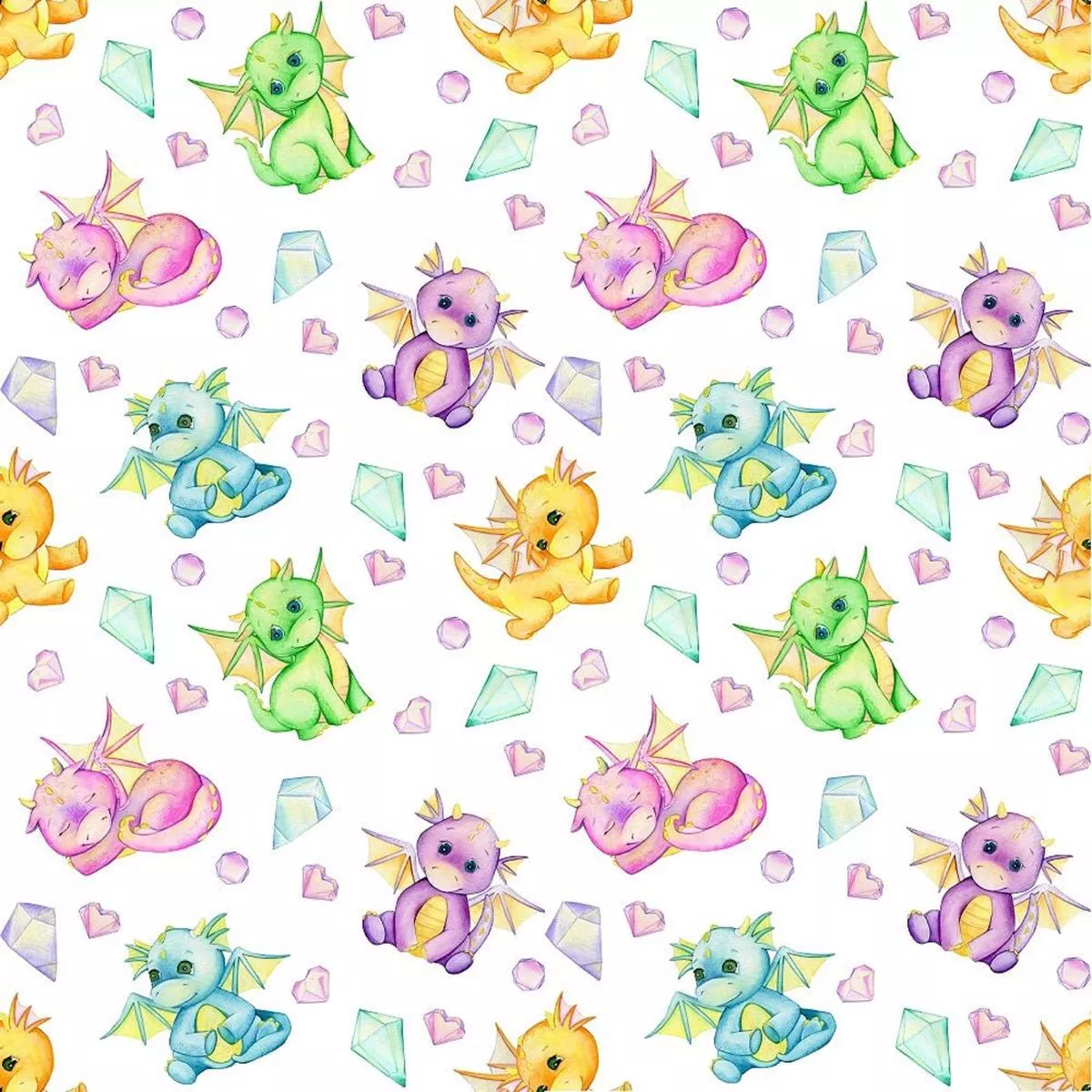 cute-dragons-hearts-crystals-fabric-white Cute Dragons Hearts & Crystals Fabric – White