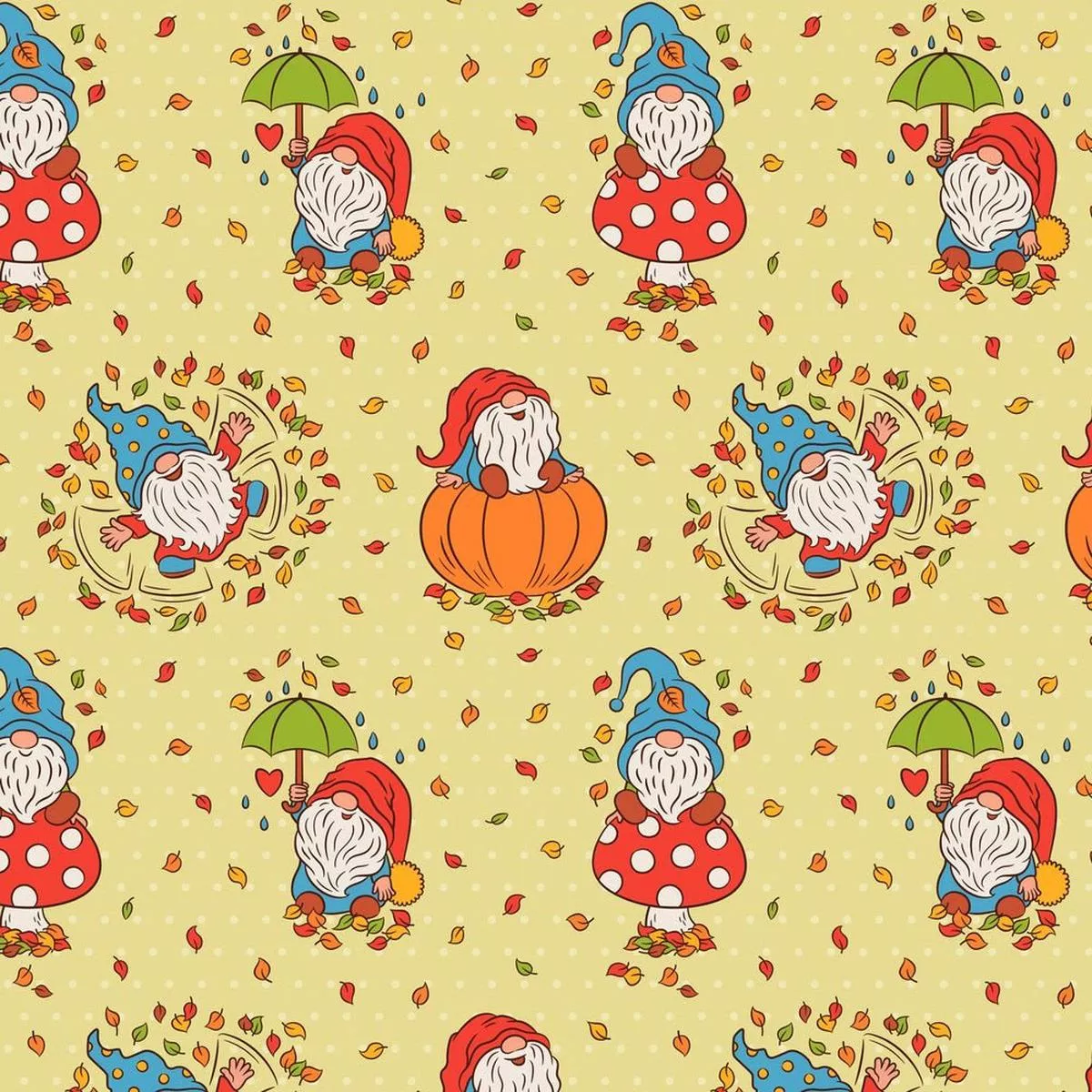 Cute Fall Gnomes & Leaves Fabric – Yellow