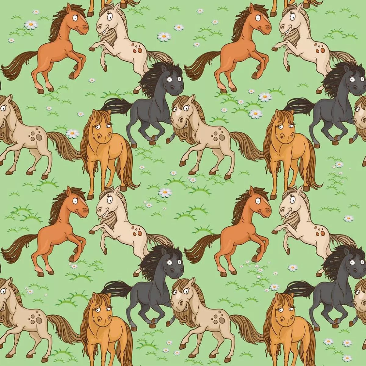 cute-horses-in-field-fabric-green Cute Horses in Field Fabric – Green