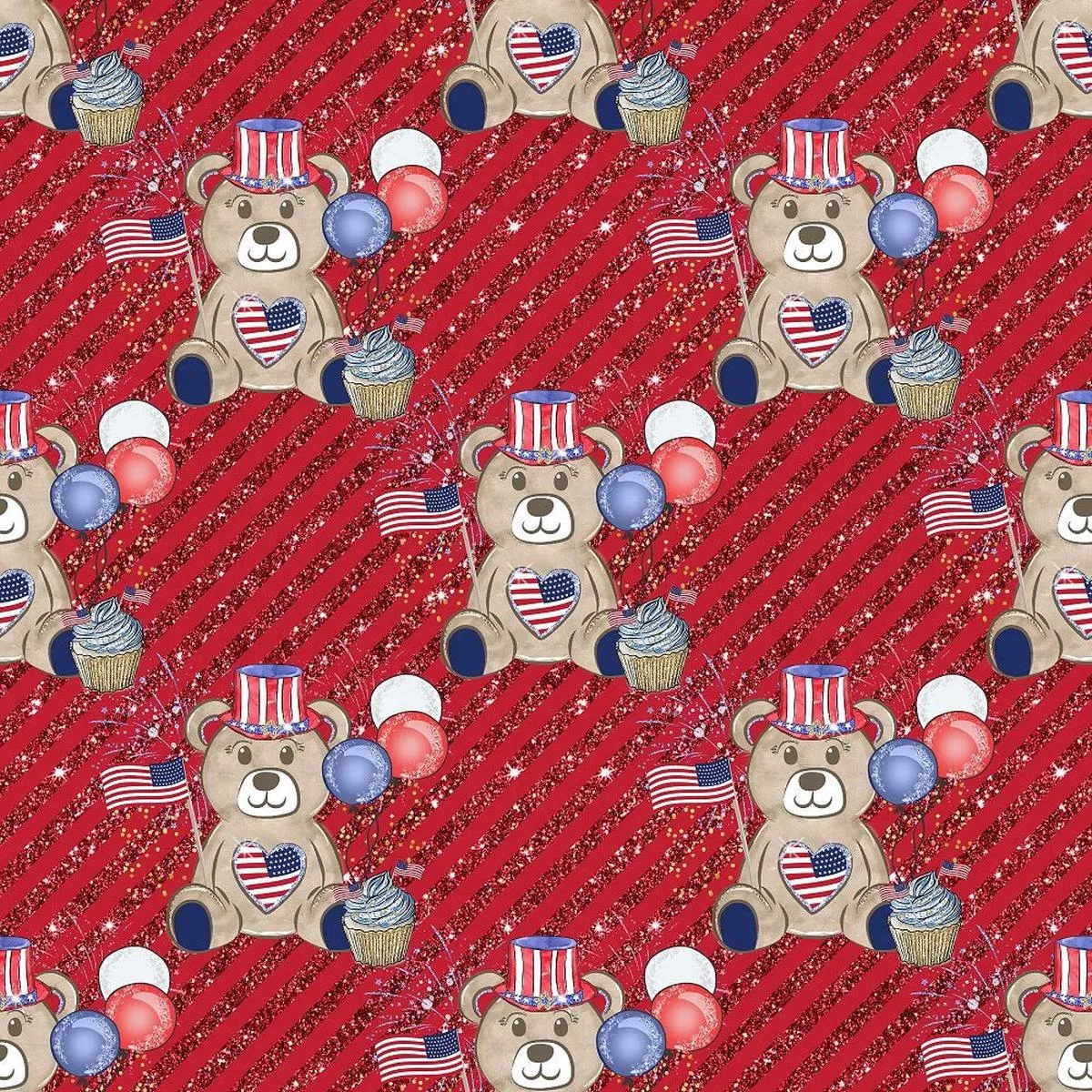 cute-patriotic-bears-on-stripes-fabric-red Cute Patriotic Bears on Stripes Fabric – Red