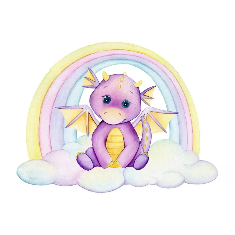 cute-purple-dragon-sitting-in-rainbow-fabric-panel Cute Purple Dragon Sitting in a Rainbow Fabric Panel