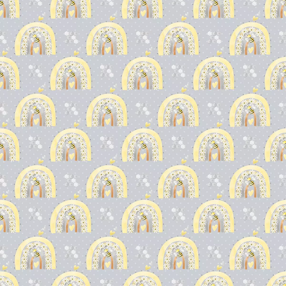 daisy-rainbows-on-polka-dot-fabric-grey Daisy Rainbows on Polka Dot Fabric – Grey