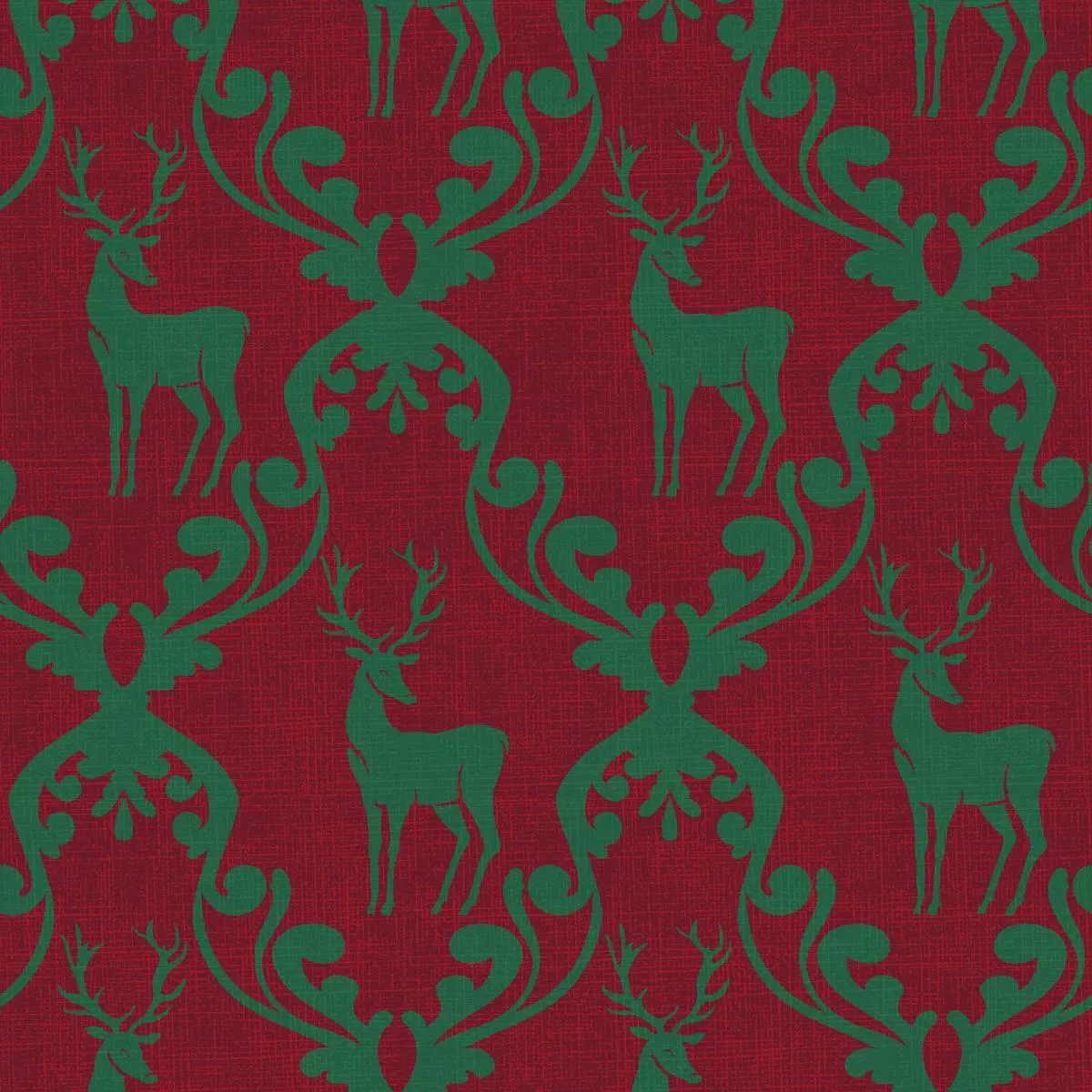 Damask Holiday Deer on Green & Red Fabric
