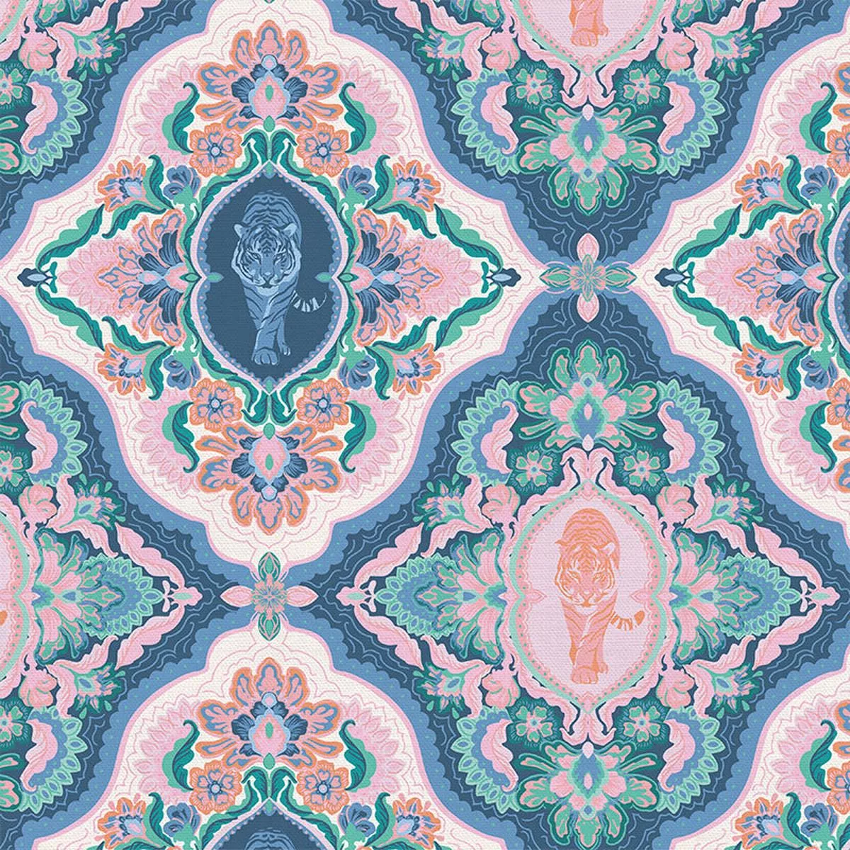 damask-jungle-cats-blue-pink-rayon Damask Jungle Cats – Blue/Pink – Rayon