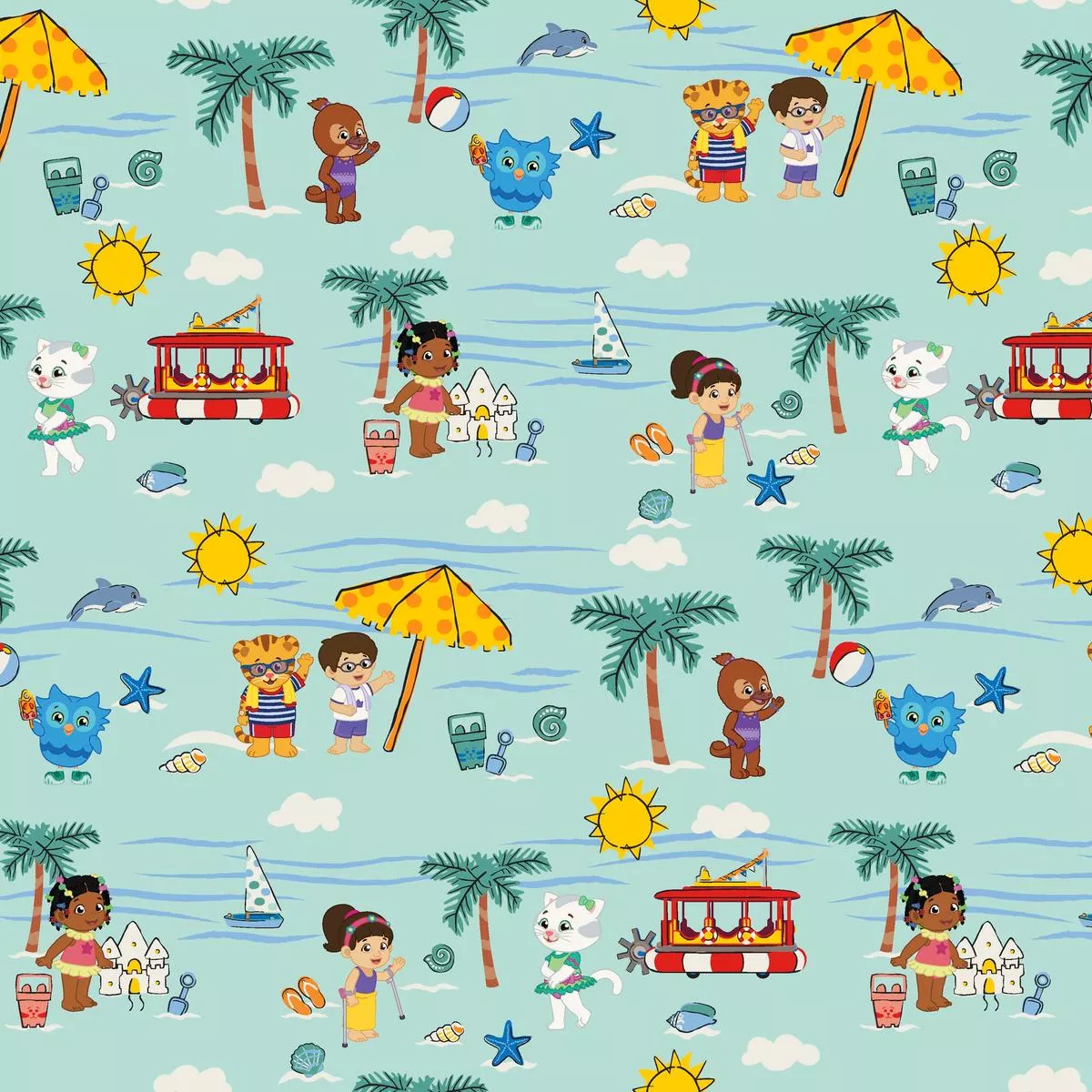 daniel-tiger-beach-day-party-on-aqua-fabric Daniel Tiger Beach Day Party on Aqua Fabric