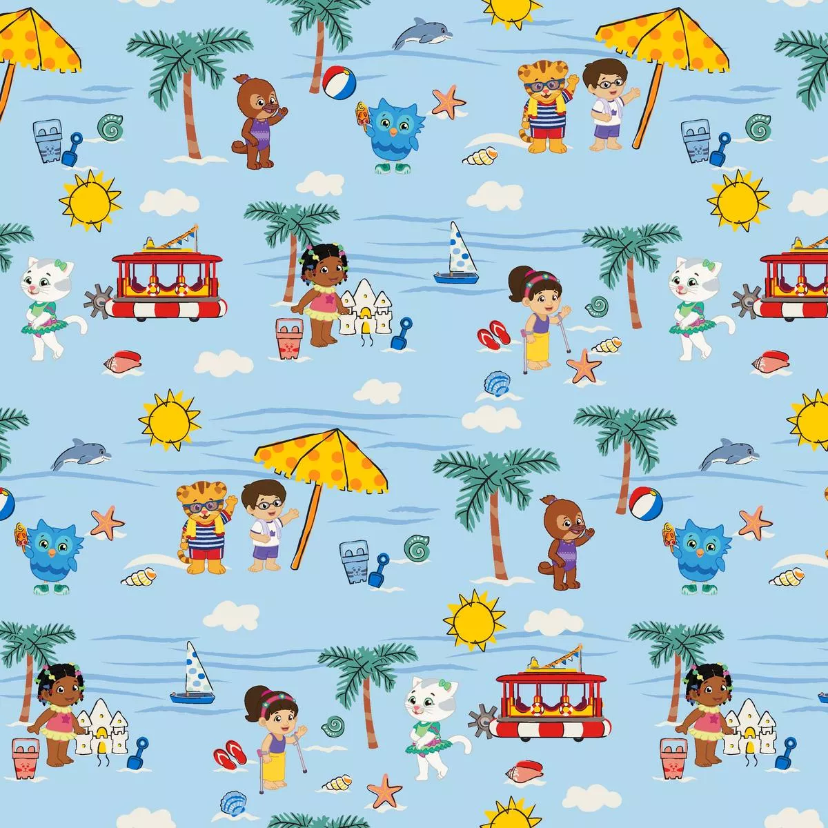 daniel-tiger-beach-day-party-on-blue-fabric Daniel Tiger Beach Day Party on Blue Fabric