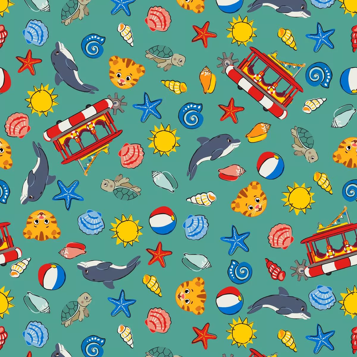 daniel-tiger-with-trolley-boat-on-teal-fabric Daniel Tiger with Trolley Boat on Teal Fabric