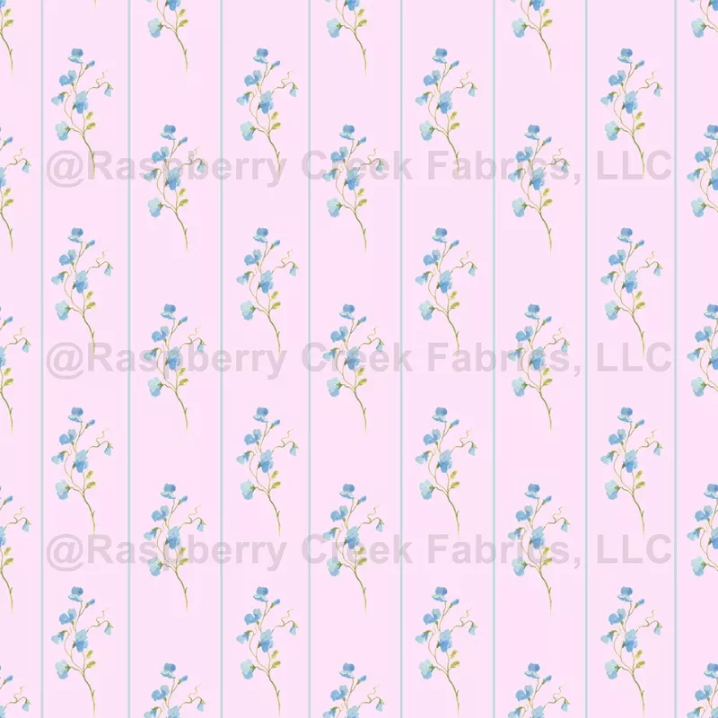 Delicate Blue Flowers and Stripes on Light Pink