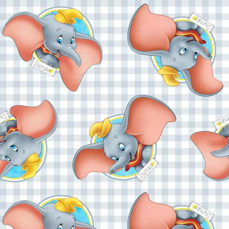 disney-dumbo-badges-on-gray-check-fabric Disney Dumbo Badges on Gray Check Fabric