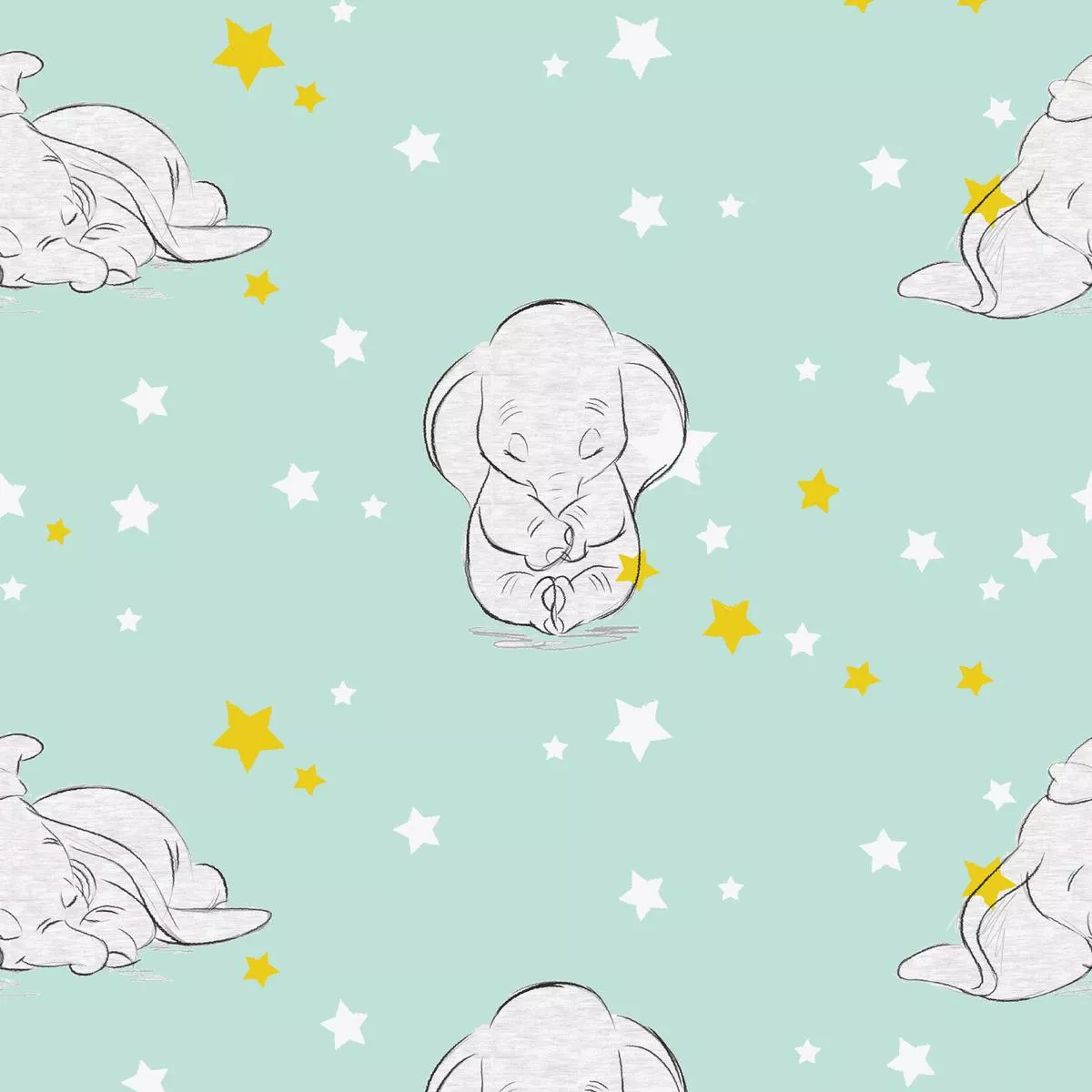 disney-dumbo-sleeping-on-mint-stars-fabric Disney Dumbo Sleeping on Mint Stars Fabric