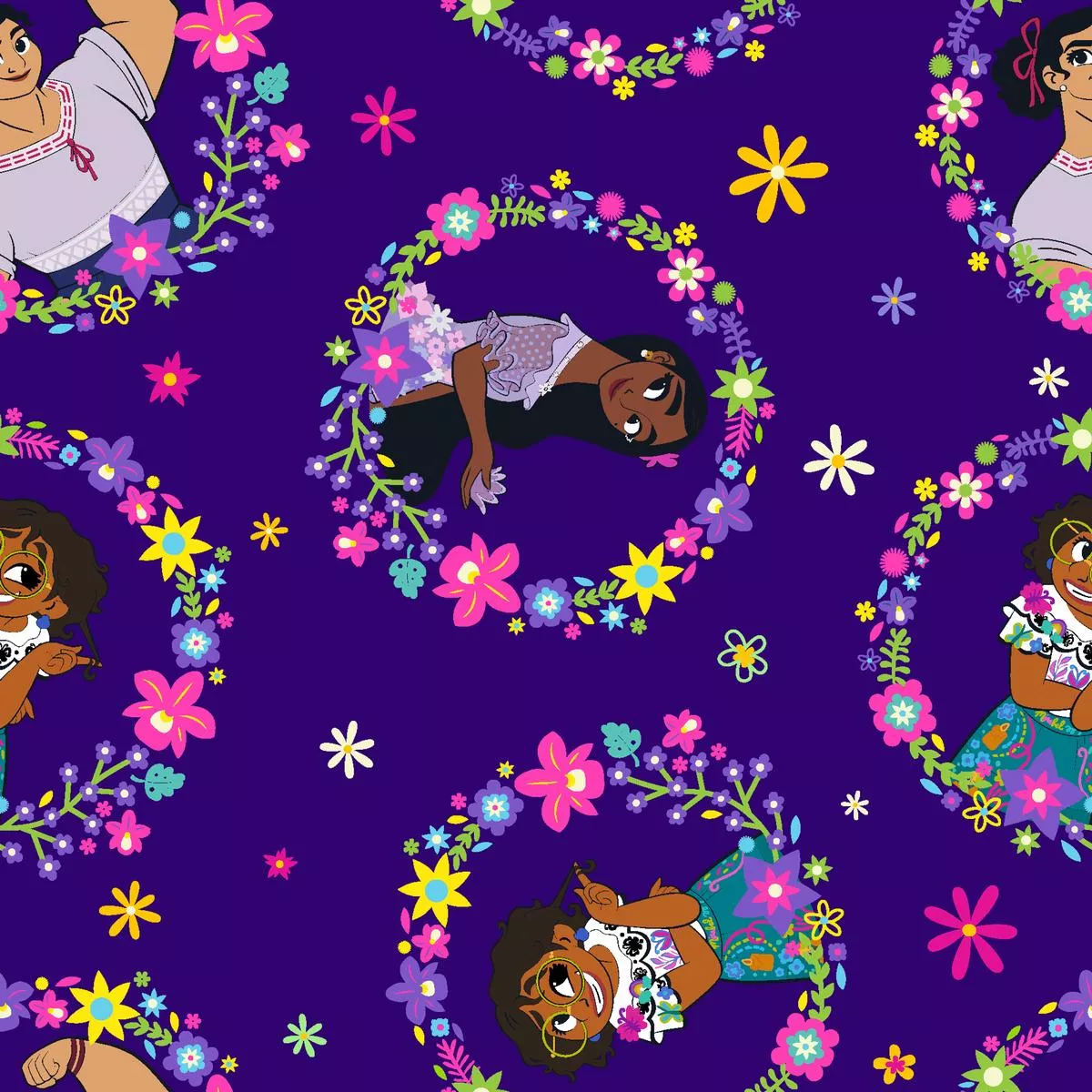 disney-encanto-purple-circular-sisters-fabric Disney Encanto Purple Circular Sisters Fabric