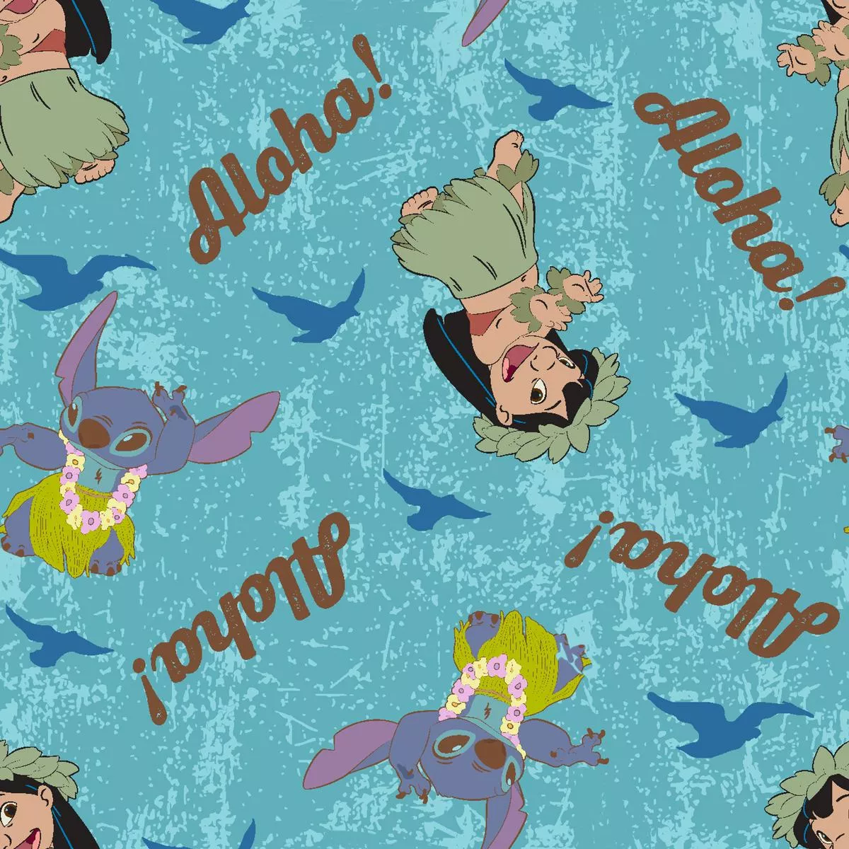 disney-lilo-stitch-aloha-on-blue-fabric Disney Lilo & Stitch Aloha on Blue Fabric