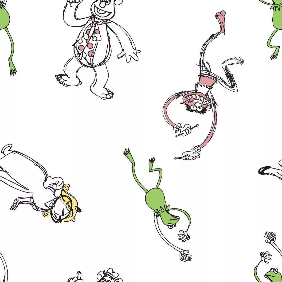 disney-muppet-playful-sketch-pattern-on-white-fabric Disney Muppet Playful Sketch Pattern on White Fabric