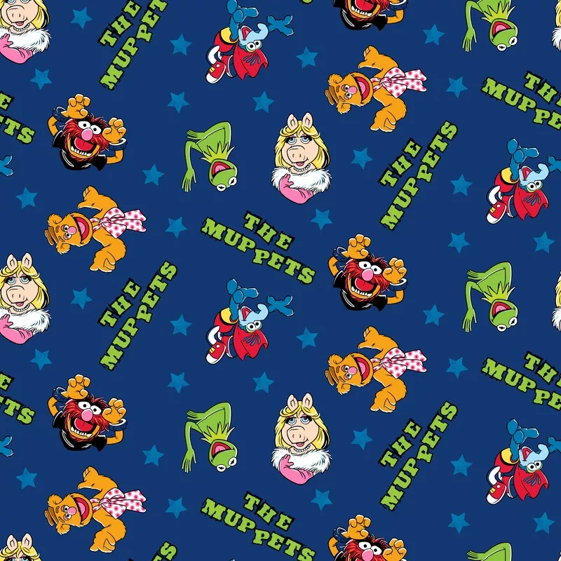 disney-muppets-characters-on-blue-pattern-fabric Disney Muppets Characters on Blue Pattern Fabric