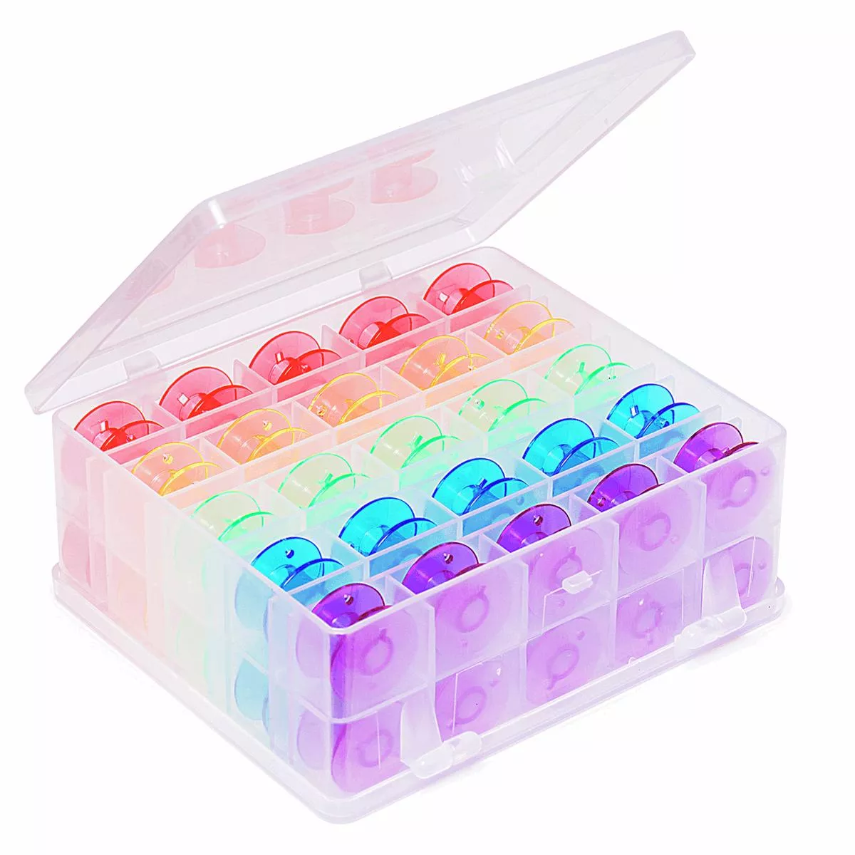 double-sided-bobbin-box-with-50-colourful-plastic-bobbins-hemline Double Sided Bobbin Box with 50 Colourful Plastic Bobbins – Hemline