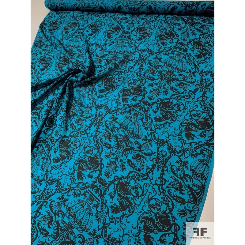 Dragon and Damask Printed Silk Georgette – Teal / Black