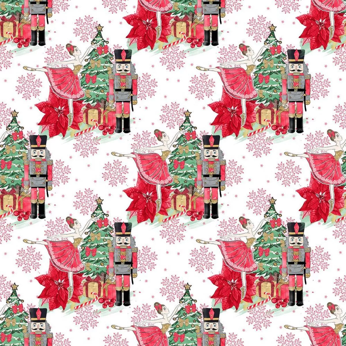 elegant-nutcracker-ballerinas-snowflakes-fabric-white Elegant Nutcracker and Ballerinas Snowflakes Fabric – White